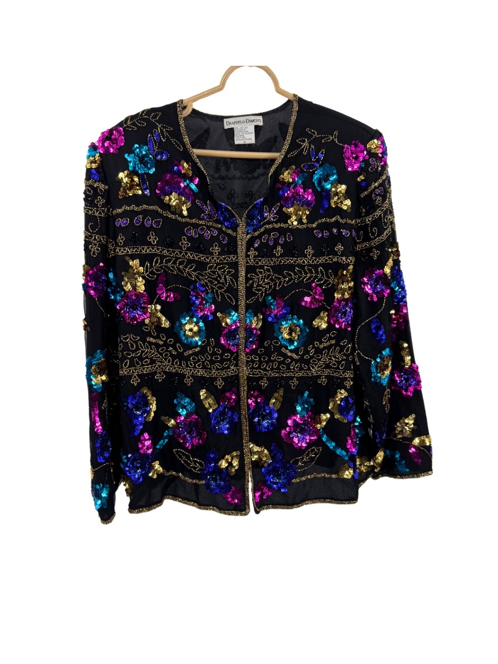 Draper's & Damon's Black beaded sequins Silk Blazer Jacket XL floral formal